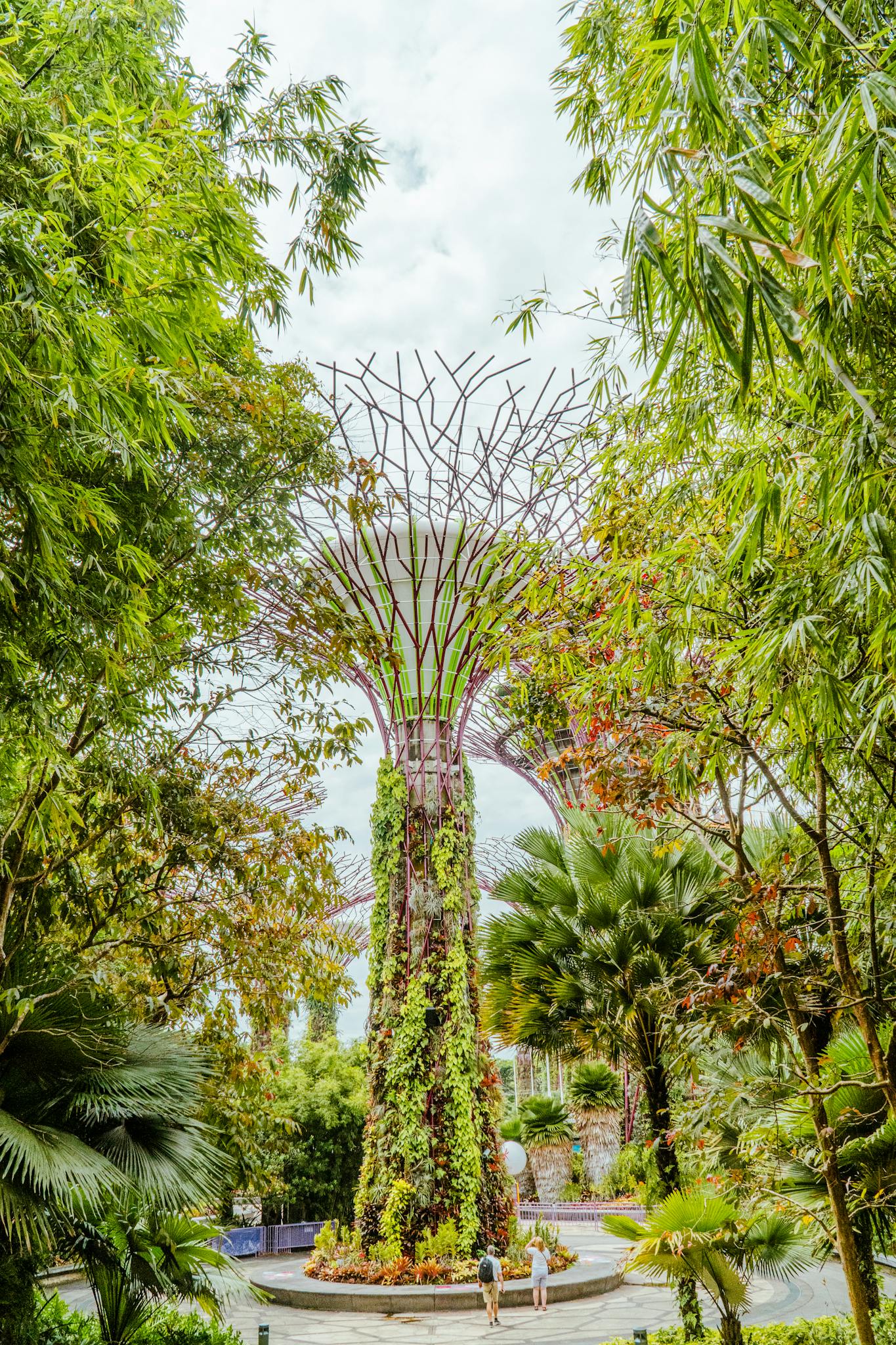 A vibrant scene of the towering Supertree surrounded by lush greenery in a garden setting.
